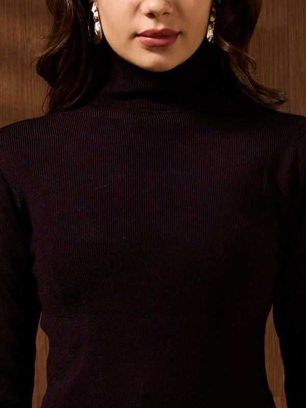 Globus Women Brown Turtle Neck Long Sleeves Self Design Acrylic Winterwear Pullover Sweater