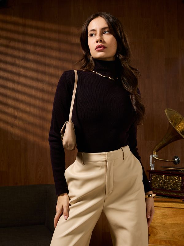 Globus Women Brown Turtle Neck Long Sleeves Self Design Acrylic Winterwear Pullover Sweater