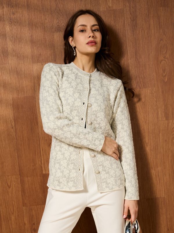 Globus Women White Mandarin Collar Long Sleeves Floral Self Design Acrylic Winterwear Cardigan Sweater