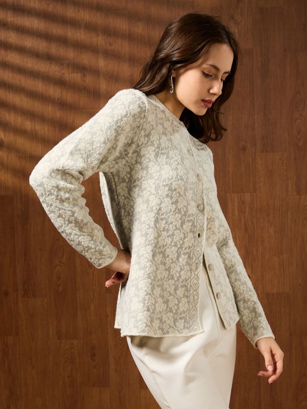 Globus Women White Mandarin Collar Long Sleeves Floral Self Design Acrylic Winterwear Cardigan Sweater