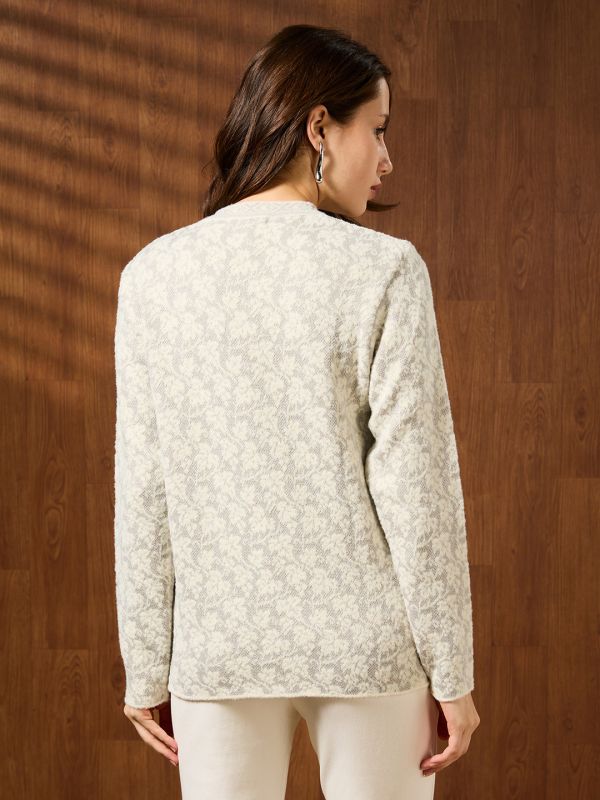 Globus Women White Mandarin Collar Long Sleeves Floral Self Design Acrylic Winterwear Cardigan Sweater