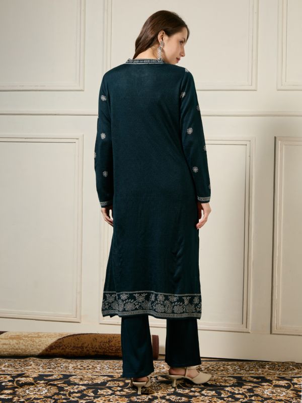 Globus Women Teal Mandarin Collar Long Sleeves Acrylic Ethnic Motifs Self Design A-line Winterwear Kurta With Pants Set