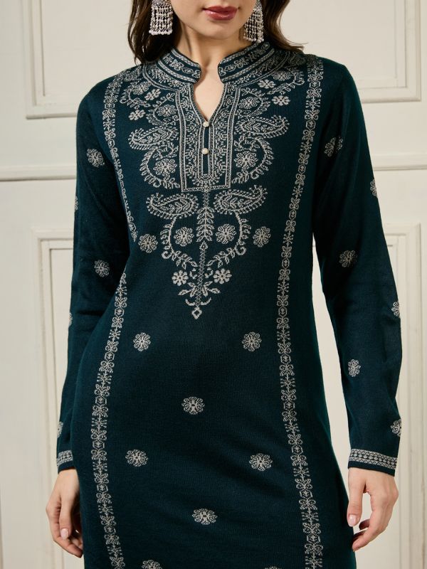 Globus Women Teal Mandarin Collar Long Sleeves Acrylic Ethnic Motifs Self Design A-line Winterwear Kurta With Pants Set