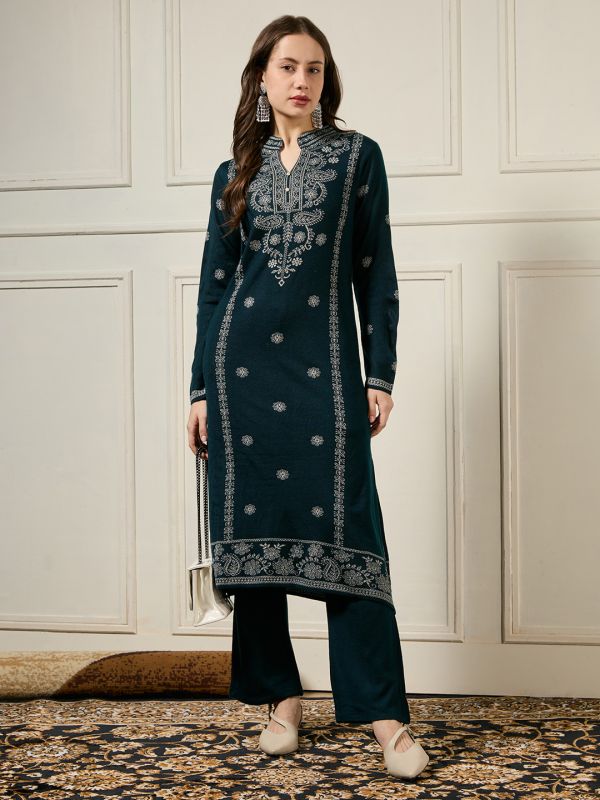 Globus Women Teal Mandarin Collar Long Sleeves Acrylic Ethnic Motifs Self Design A-line Winterwear Kurta With Pants Set