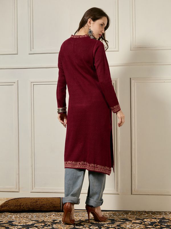 Globus Women Maroon Mandarin Collar Long Sleeves Arcylic Ethnic Motifs Self Design A-line Winterwear Kurta