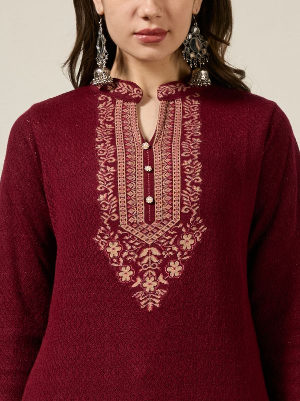 Globus Women Maroon Mandarin Collar Long Sleeves Arcylic Ethnic Motifs Self Design A-line Winterwear Kurta