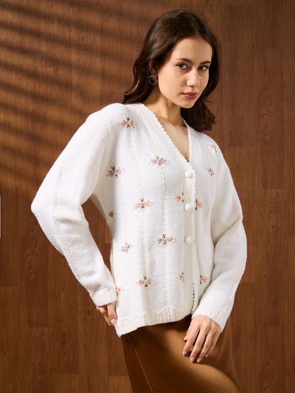 Globus Women Off White V-neck Long Sleeves Pearl Embellished Self Design Acrylic Winterwear Cardigan Sweater