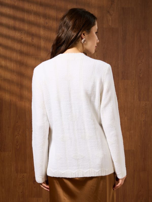 Globus Women Off White V-neck Long Sleeves Pearl Embellished Self Design Acrylic Winterwear Cardigan Sweater