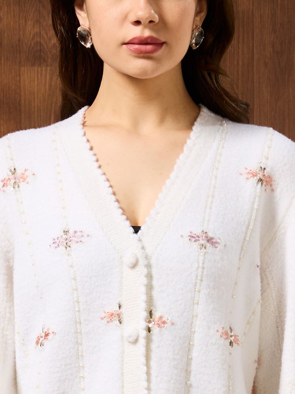 Globus Women Off White V-neck Long Sleeves Pearl Embellished Self Design Acrylic Winterwear Cardigan Sweater