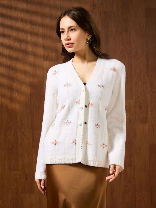 Globus Women Off White V-neck Long Sleeves Pearl Embellished Self Design Acrylic Winterwear Cardigan Sweater