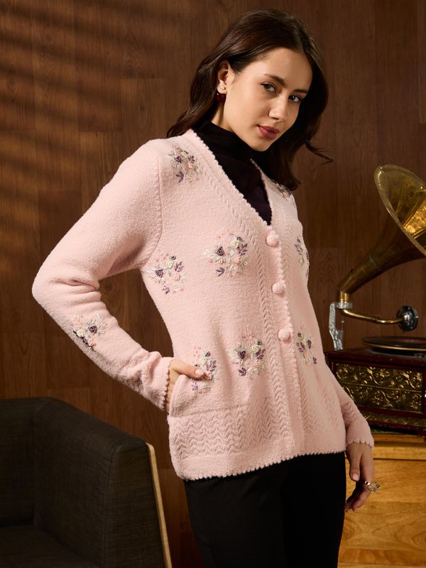 Globus Women Pink V-neck Long Sleeves Floral Embroidered Self Design Pearl Embellished Acrylic Winterwear Cardigan Sweater