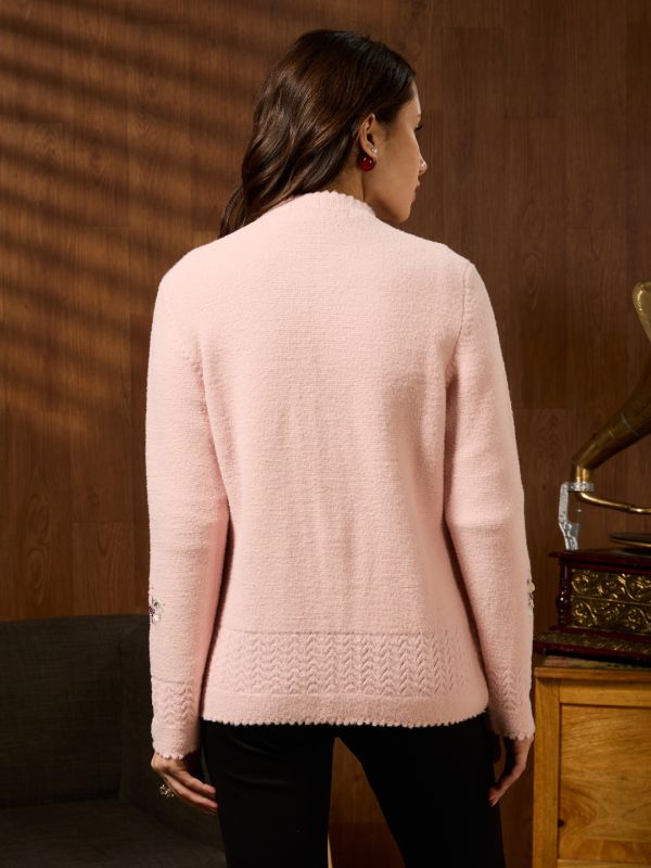 Globus Women Pink V-neck Long Sleeves Floral Embroidered Self Design Pearl Embellished Acrylic Winterwear Cardigan Sweater