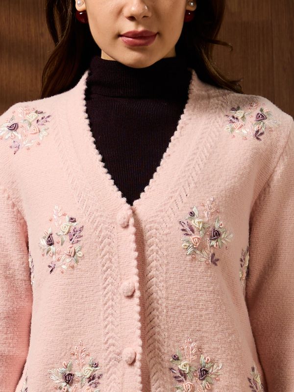 Globus Women Pink V-neck Long Sleeves Floral Embroidered Self Design Pearl Embellished Acrylic Winterwear Cardigan Sweater