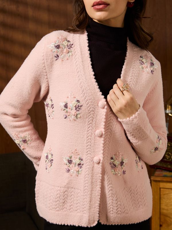 Globus Women Pink V-neck Long Sleeves Floral Embroidered Self Design Pearl Embellished Acrylic Winterwear Cardigan Sweater