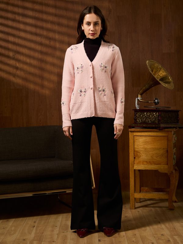 Globus Women Pink V-neck Long Sleeves Floral Embroidered Self Design Pearl Embellished Acrylic Winterwear Cardigan Sweater