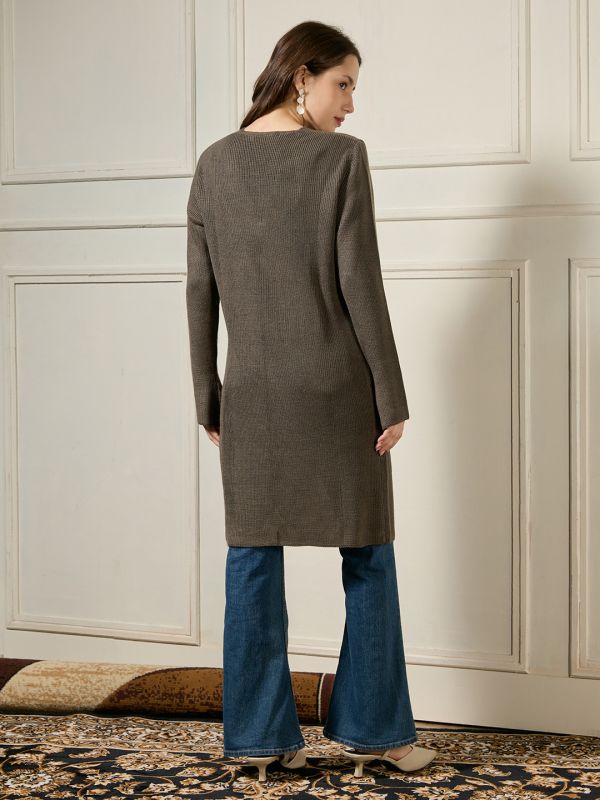 Globus Women Grey V-neck Long Sleeves Self Design Front Slit Button Detail Acrylic Longline Relaxed Fit Winterwear Shrug Dress