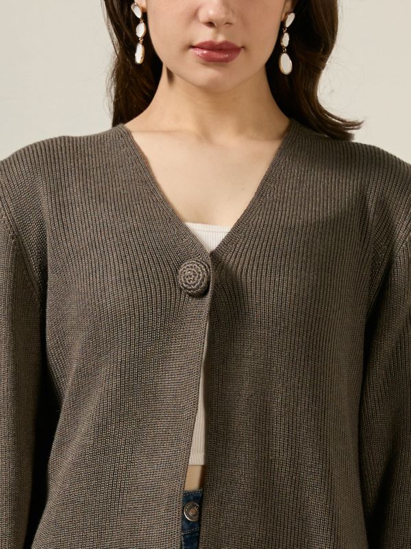 Globus Women Grey V-neck Long Sleeves Self Design Front Slit Button Detail Acrylic Longline Relaxed Fit Winterwear Shrug Dress