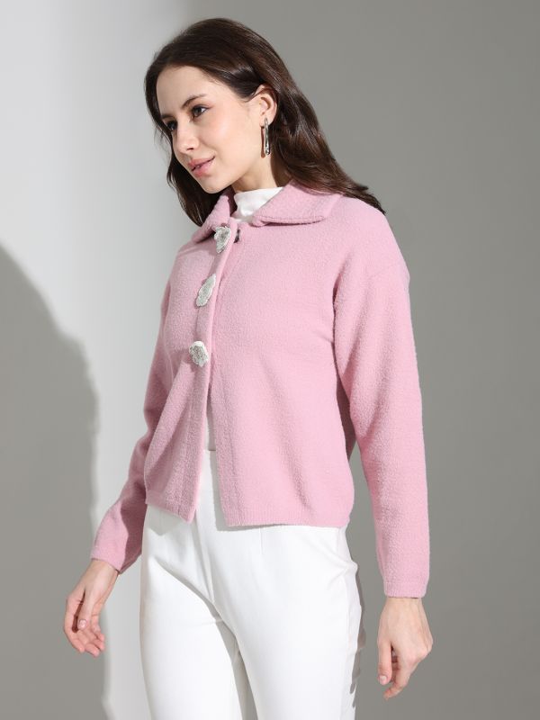 Globus Women Pink Spread Collar Long Sleeves Floral Applique Button Front Cotton Knitted Cardigan Sweater