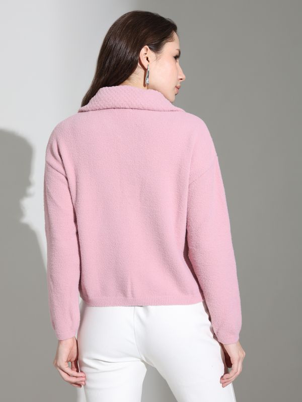 Globus Women Pink Spread Collar Long Sleeves Floral Applique Button Front Cotton Knitted Cardigan Sweater