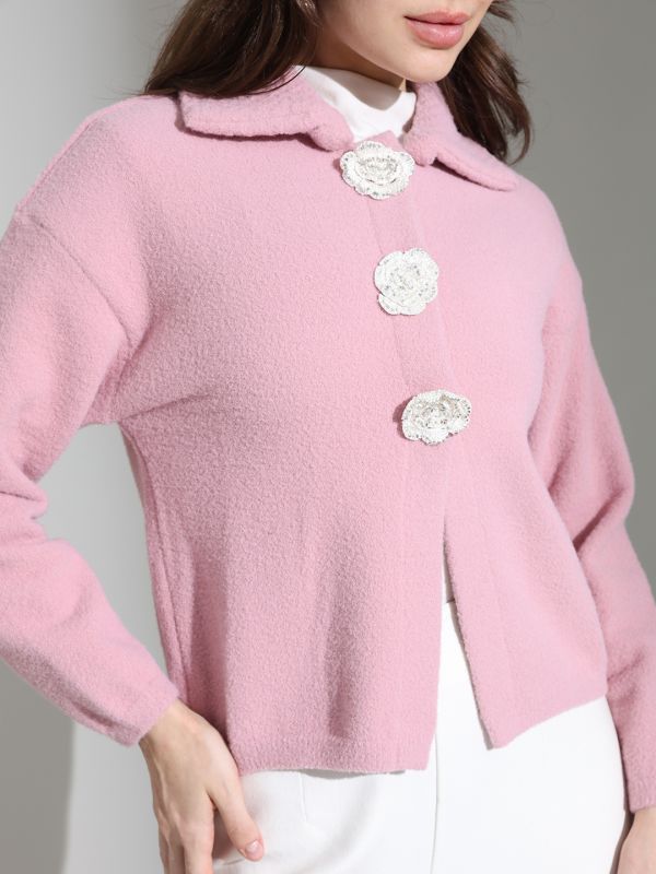 Globus Women Pink Spread Collar Long Sleeves Floral Applique Button Front Cotton Knitted Cardigan Sweater