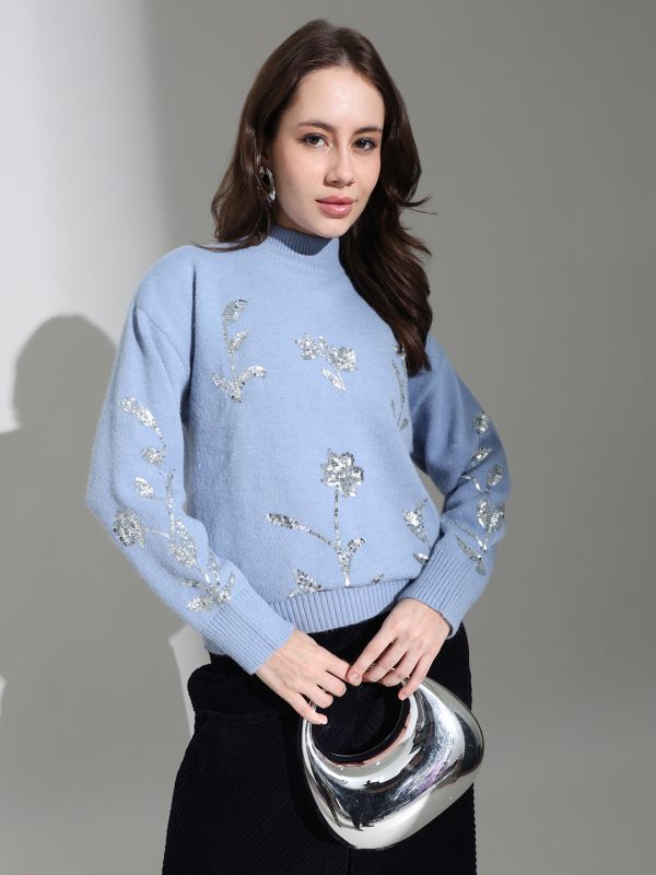 Globus Women Blue High Neck Floral Sequinned Embellished Cotton Knitted Pullover Sweater