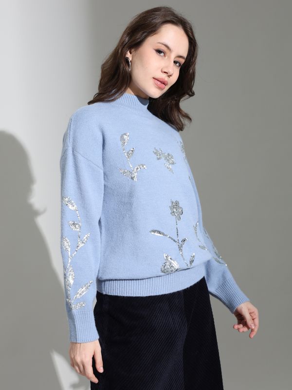 Globus Women Blue High Neck Floral Sequinned Embellished Cotton Knitted Pullover Sweater
