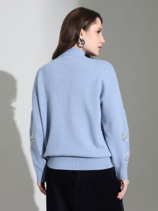 Globus Women Blue High Neck Floral Sequinned Embellished Cotton Knitted Pullover Sweater