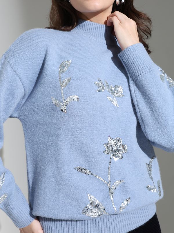 Globus Women Blue High Neck Floral Sequinned Embellished Cotton Knitted Pullover Sweater