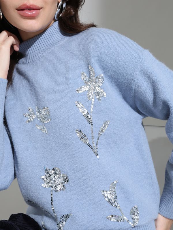 Globus Women Blue High Neck Floral Sequinned Embellished Cotton Knitted Pullover Sweater