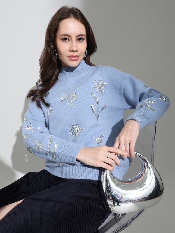 Globus Women Blue High Neck Floral Sequinned Embellished Cotton Knitted Pullover Sweater
