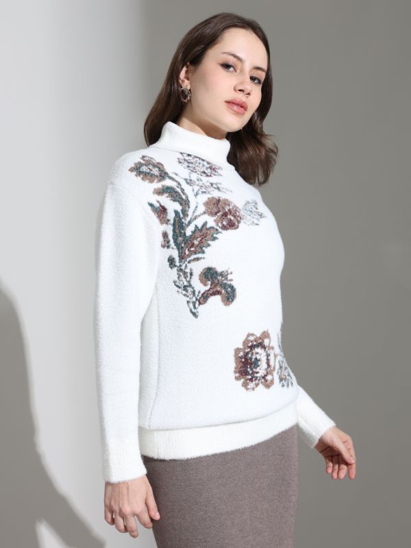 Globus Women White Turtle Neck Long Sleeves Floral Self Design Cotton Knitted Pullover Sweater