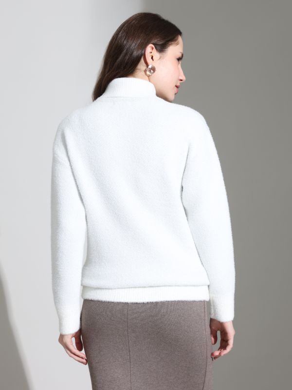 Globus Women White Turtle Neck Long Sleeves Floral Self Design Cotton Knitted Pullover Sweater