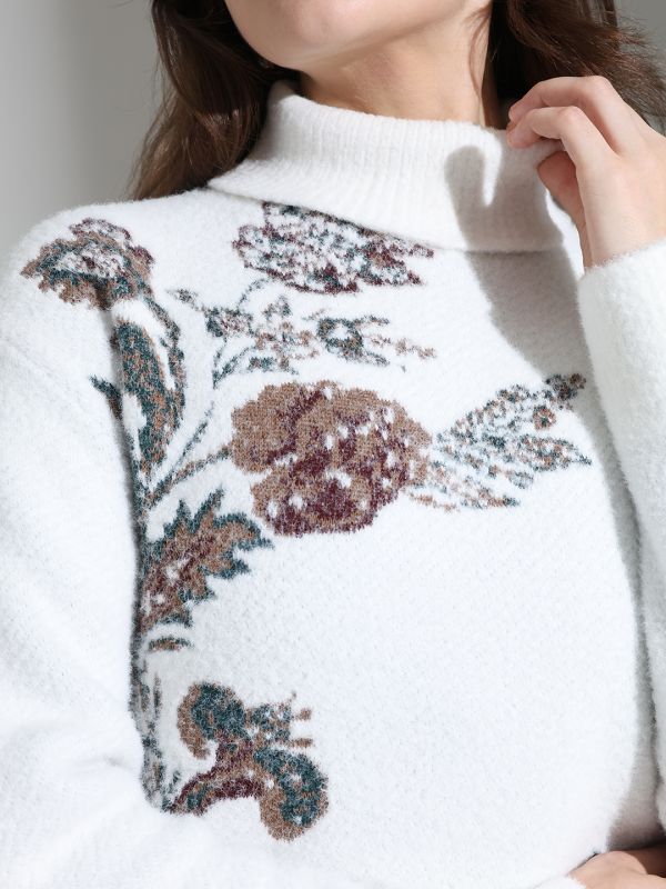 Globus Women White Turtle Neck Long Sleeves Floral Self Design Cotton Knitted Pullover Sweater