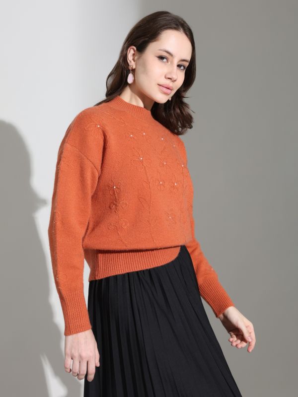 Globus Women Rust High Neck Floral Self Design Pearl Embellished Cotton Knitted Pullover Sweater