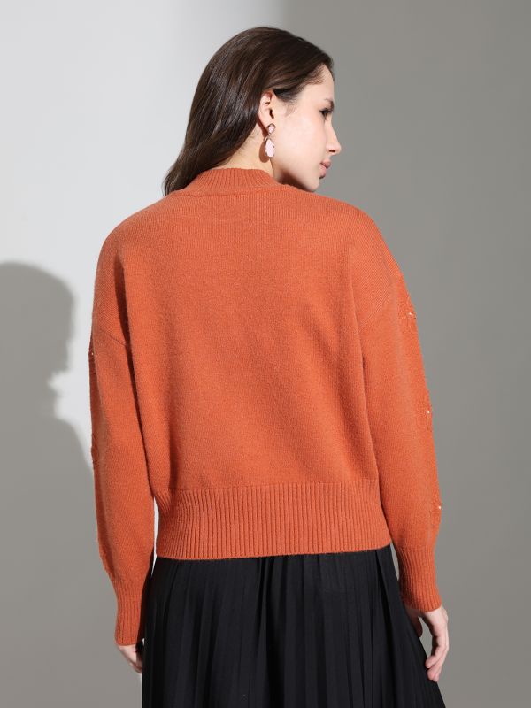 Globus Women Rust High Neck Floral Self Design Pearl Embellished Cotton Knitted Pullover Sweater