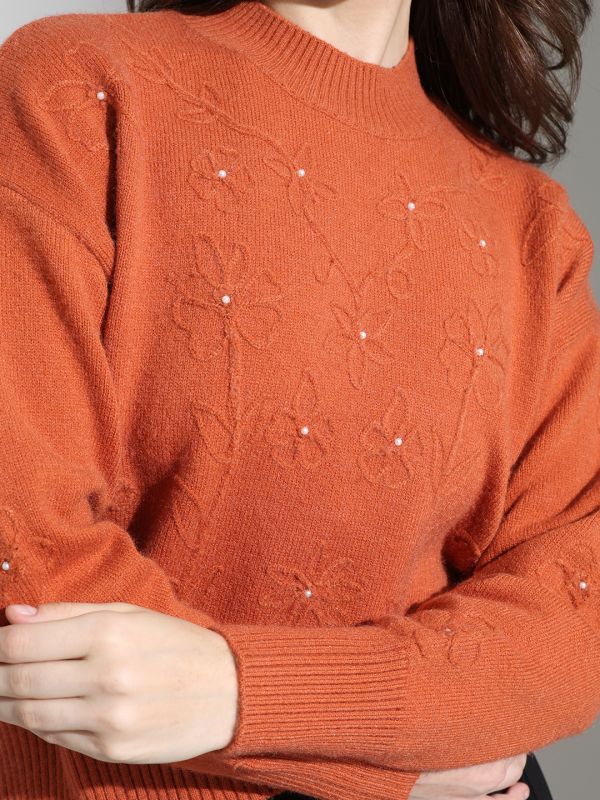 Globus Women Rust High Neck Floral Self Design Pearl Embellished Cotton Knitted Pullover Sweater