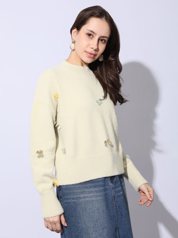 Globus Women Yellow Crew Neck Long Sleeves Embroidered Bow Applique Ribbed Hem Winterwear Pullover Sweater