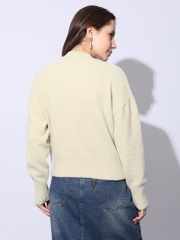 Globus Women Yellow Crew Neck Long Sleeves Embroidered Bow Applique Ribbed Hem Winterwear Pullover Sweater