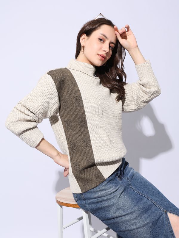 Globus Women Taupe Turtle Neck Long Sleeves Colorblock Self Design Ribbed Hem Winterwear Pullover Sweater