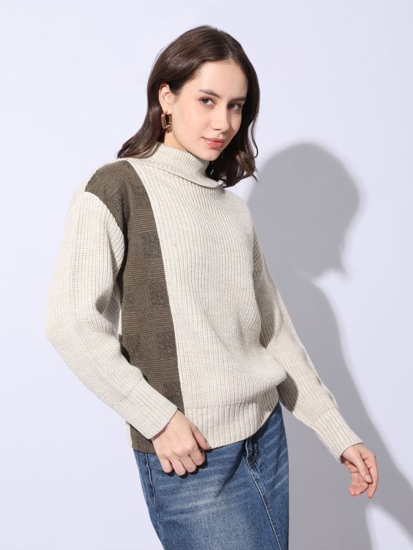 Globus Women Taupe Turtle Neck Long Sleeves Colorblock Self Design Ribbed Hem Winterwear Pullover Sweater