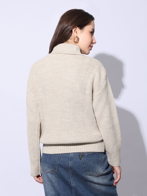 Globus Women Taupe Turtle Neck Long Sleeves Colorblock Self Design Ribbed Hem Winterwear Pullover Sweater