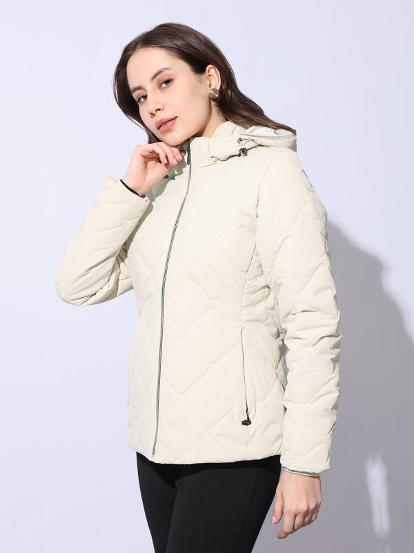 Globus Women Off White Hooded Long Sleeves Front Pockets Winterwear Quilted Jacket
