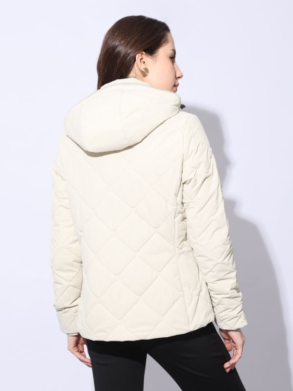 Globus Women Off White Hooded Long Sleeves Front Pockets Winterwear Quilted Jacket
