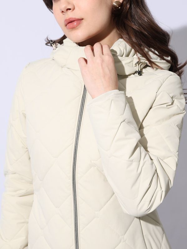 Globus Women Off White Hooded Long Sleeves Front Pockets Winterwear Quilted Jacket