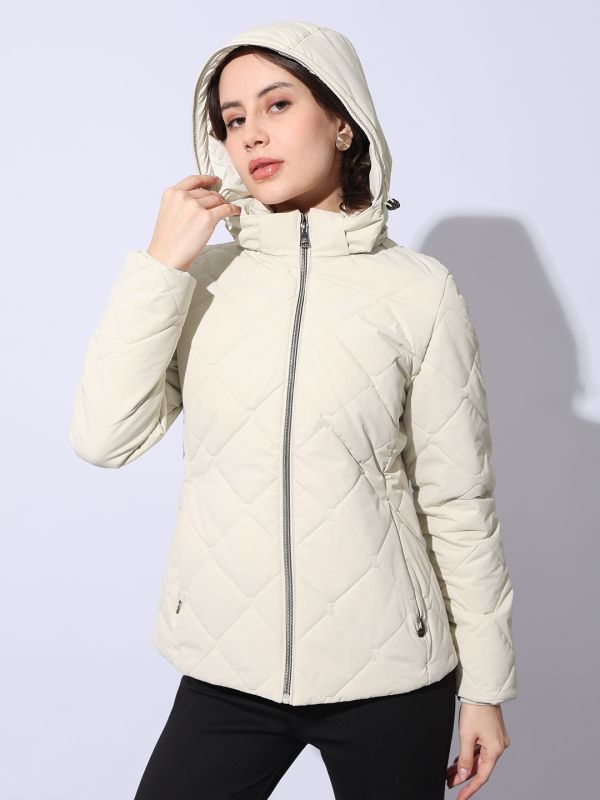 Globus Women Off White Hooded Long Sleeves Front Pockets Winterwear Quilted Jacket