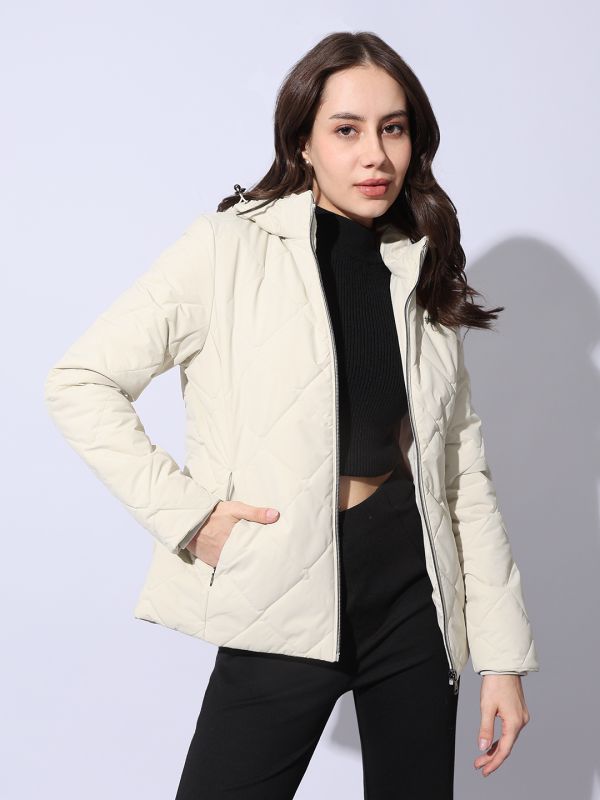 Globus Women Off White Hooded Long Sleeves Front Pockets Winterwear Quilted Jacket