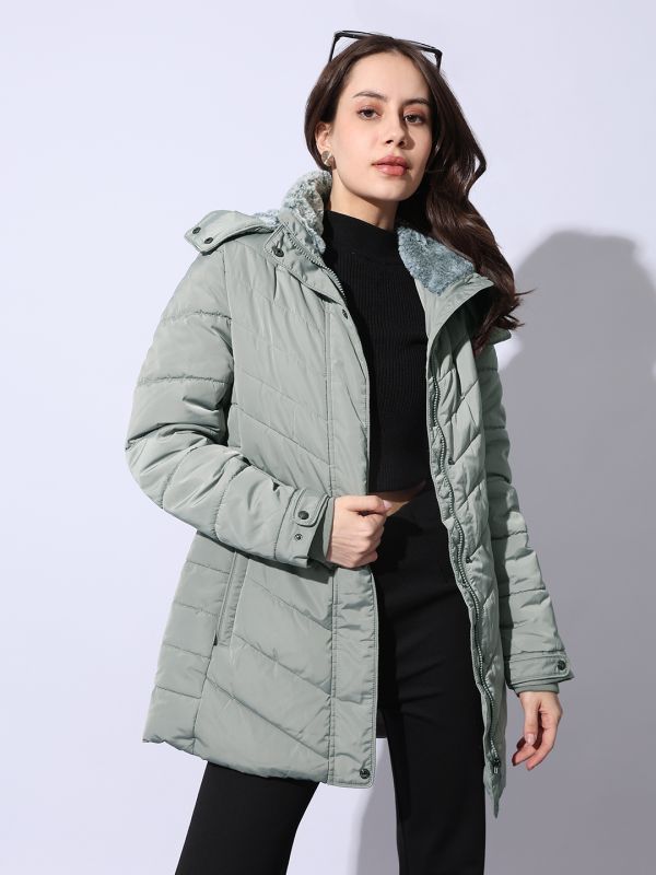 Globus Women Off White Mock Collar Long Sleeves Front Pockets Winterwear Puffer Jacket With Fur Inner Detachable Hood