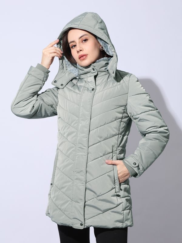 Globus Women Off White Mock Collar Long Sleeves Front Pockets Winterwear Puffer Jacket With Fur Inner Detachable Hood