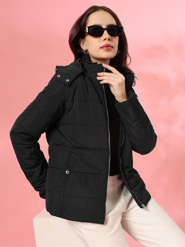 Globus Women Black Fur Mock Collar Long Sleeves Front Pockets Winterwear Puffer Jacket With Detachable Hood