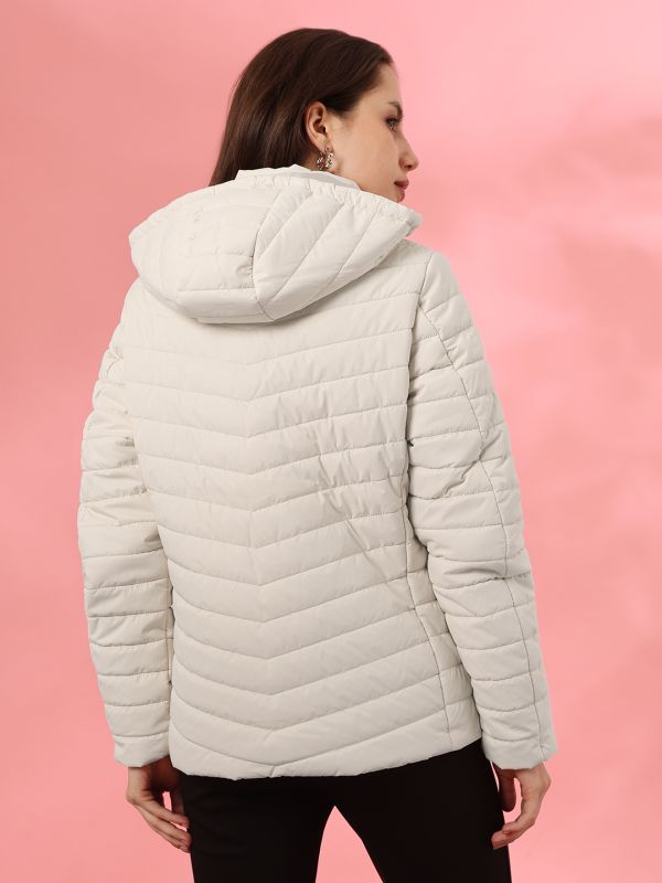 Globus Women Off White Mock Collar Long Sleeves Front Pockets Winterwear Puffer Jacket With Detachable Hood